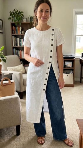 Customer's white split-front blouse with button details, worn over wide-leg jeans in a home setting.