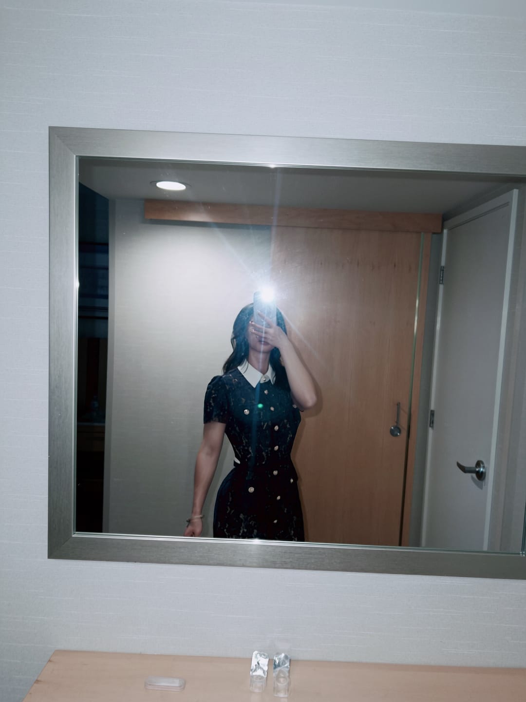 Customer photo review of Floral Lace Midi Dress with Tailored Collar and Belted Waist - Navy