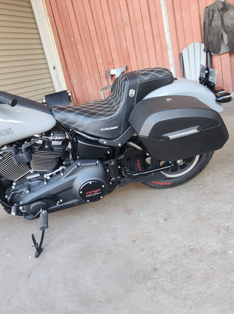 Customer photo review of 32L - Darkin Large Quick Mount Leather Wrap Hard Saddlebags for 2025+ Harley Softail Low Rider S FXLRS