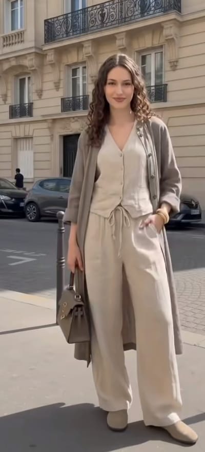 Customer photo review of Long Sleeves Loose Buttoned Pockets Solid Color V-Neck Three Pieces Set