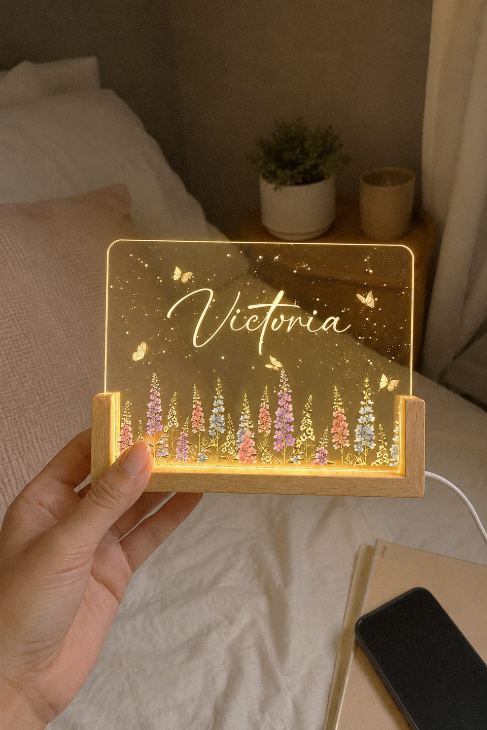 Customer photo review of Birth Month Flower Watercolor Blooming In Love - Personalized Acrylic LED Night Light - Special Gift For Friends, Lovers, Family Members