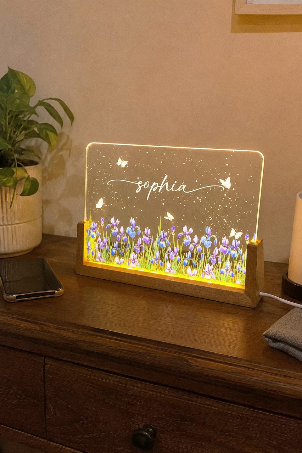 Customer photo review of Birth Month Flower Watercolor Blooming In Love - Personalized Acrylic LED Night Light - Special Gift For Friends, Lovers, Family Members