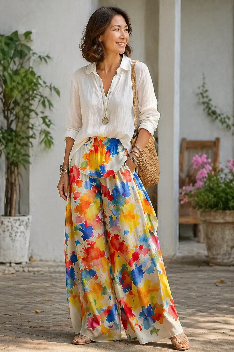 Customer photo review of High Waisted Wide Leg Colorful Contrast Color Pockets Printed Pants Trousers