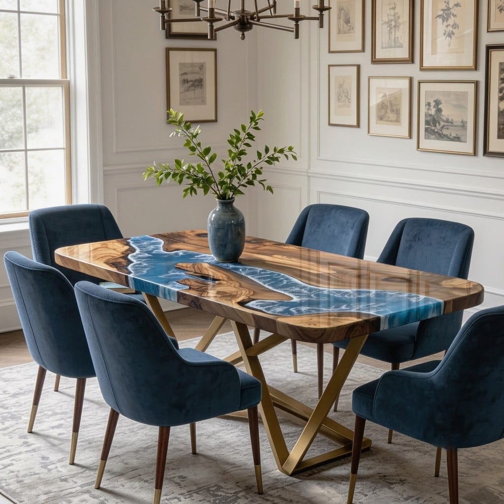 Customer photo review of Vibrant Blue Wave Olive Wood Epoxy Table CT123 for American Coastal Space Statement Piece