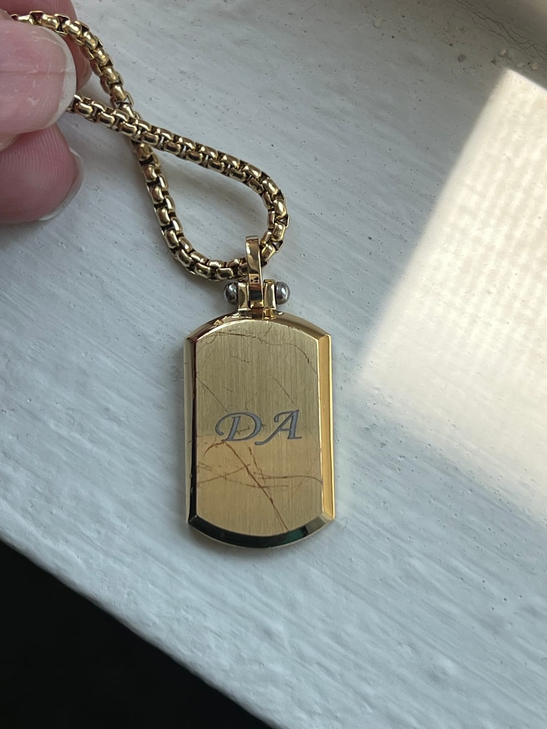 Customer photo review of Beveled Edge Two Tone Dog Tag