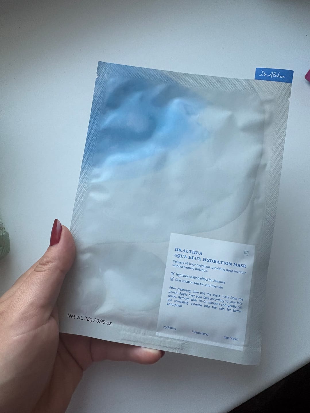 Customer photo review of Mitrinoša auduma maska ar azulēnu un agavi Dr. Althea Aqua Blue Hydration Mask