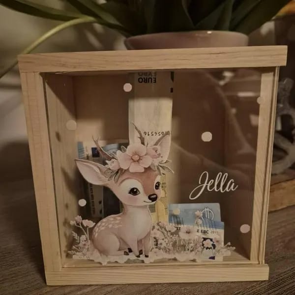 Customer photo review of Personalized Cute Floral Bunny Bear Animals Wooden Clear Money Box Piggy Bank with Name Room Decor Birthday Gift for Girls Kids