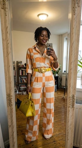 Customer photo review of Loose Wide Leg Buttoned Plaid Pockets Lapel Blouses&Shirts Tops