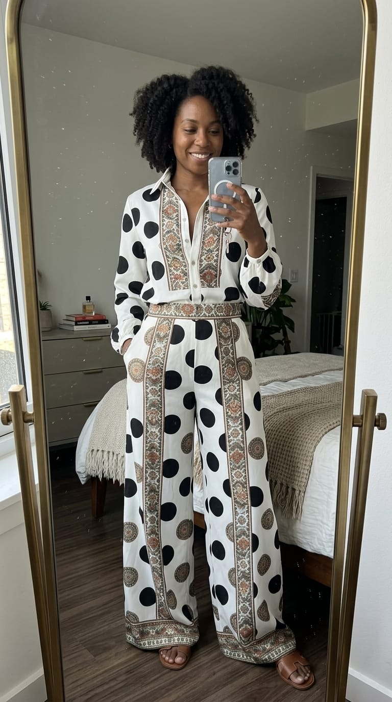 Customer photo review of Long Sleeves Loose Buttoned Contrast Color Polka Dot Printed Stand Collar Blouses&Shirts Tops