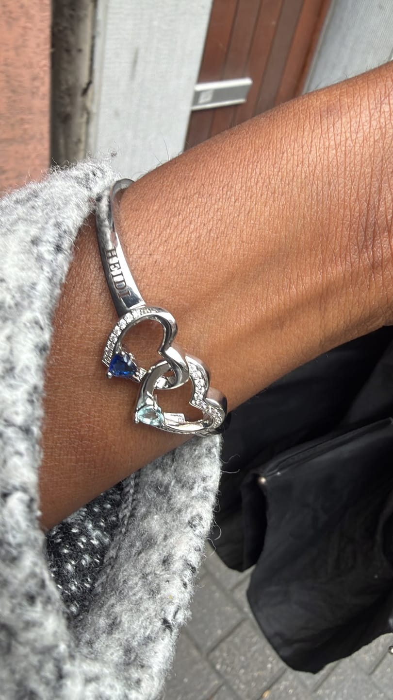 Customer photo review of Personalized Double Heart Birthstone Bangle for Women, Custom Name Engraved