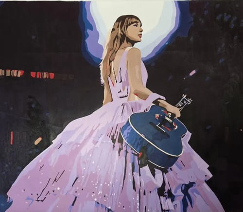 Customer's Custom Paint By Numbers painting of a person in a purple gown holding a blue guitar.