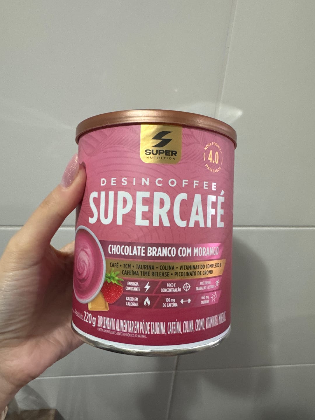 Customer photo review of Supercafé Chocolate Branco com Morango