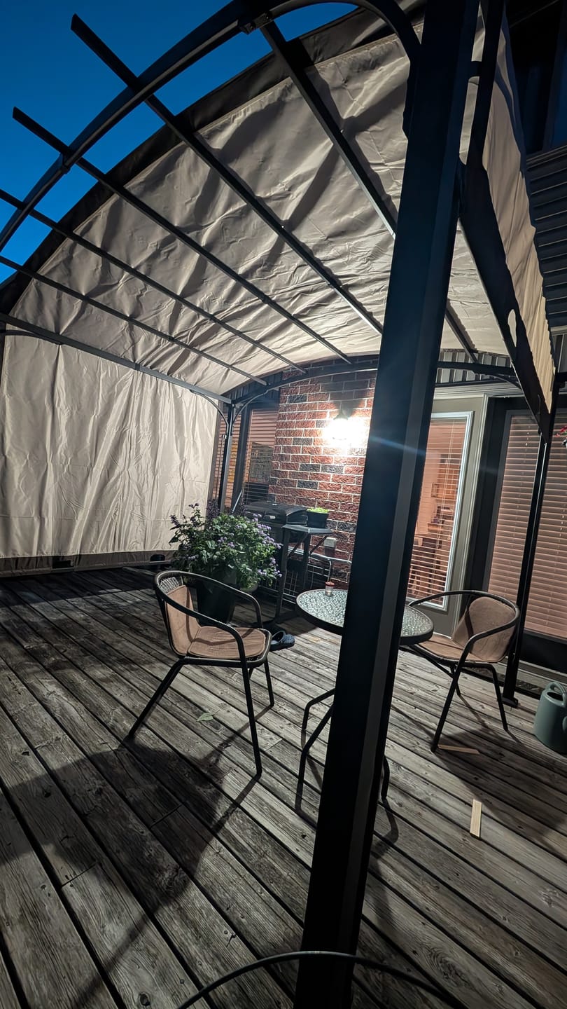 Customer photo review of SUNJOY Outdoor Patio 9x11 Modern Tan Metal Arched Pergola Kit with Adjustable Canopy
