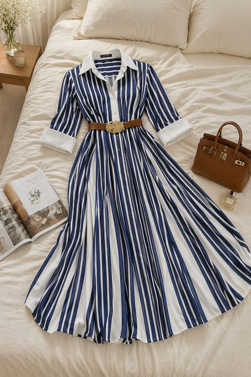 Customer photo review of A-Line Loose Buttoned Contrast Color No Belt Striped Lapel Maxi Dresses