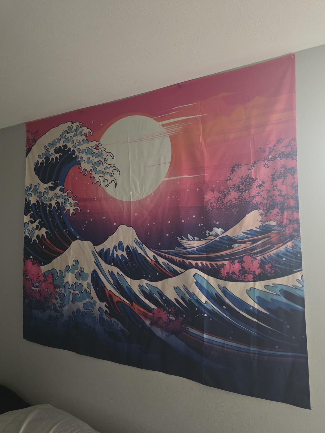 Customer photo review of Great Wave Vaporwave Tapestry, Synthwave Retrowave Japanese 80s 90s Wall Art Hanging Cool Unique Landscape Large Small College Dorm