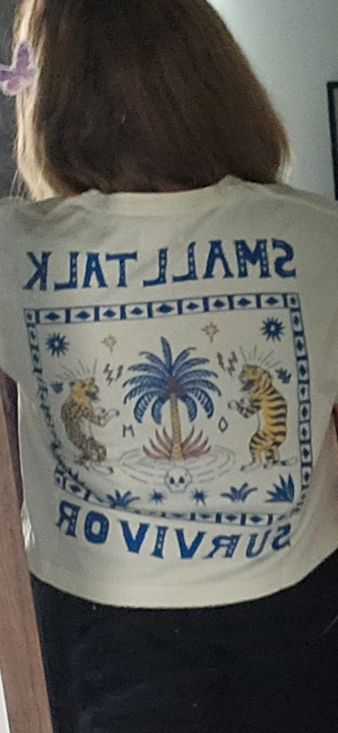 Customer photo review of Small Talk Survivor T-Shirt