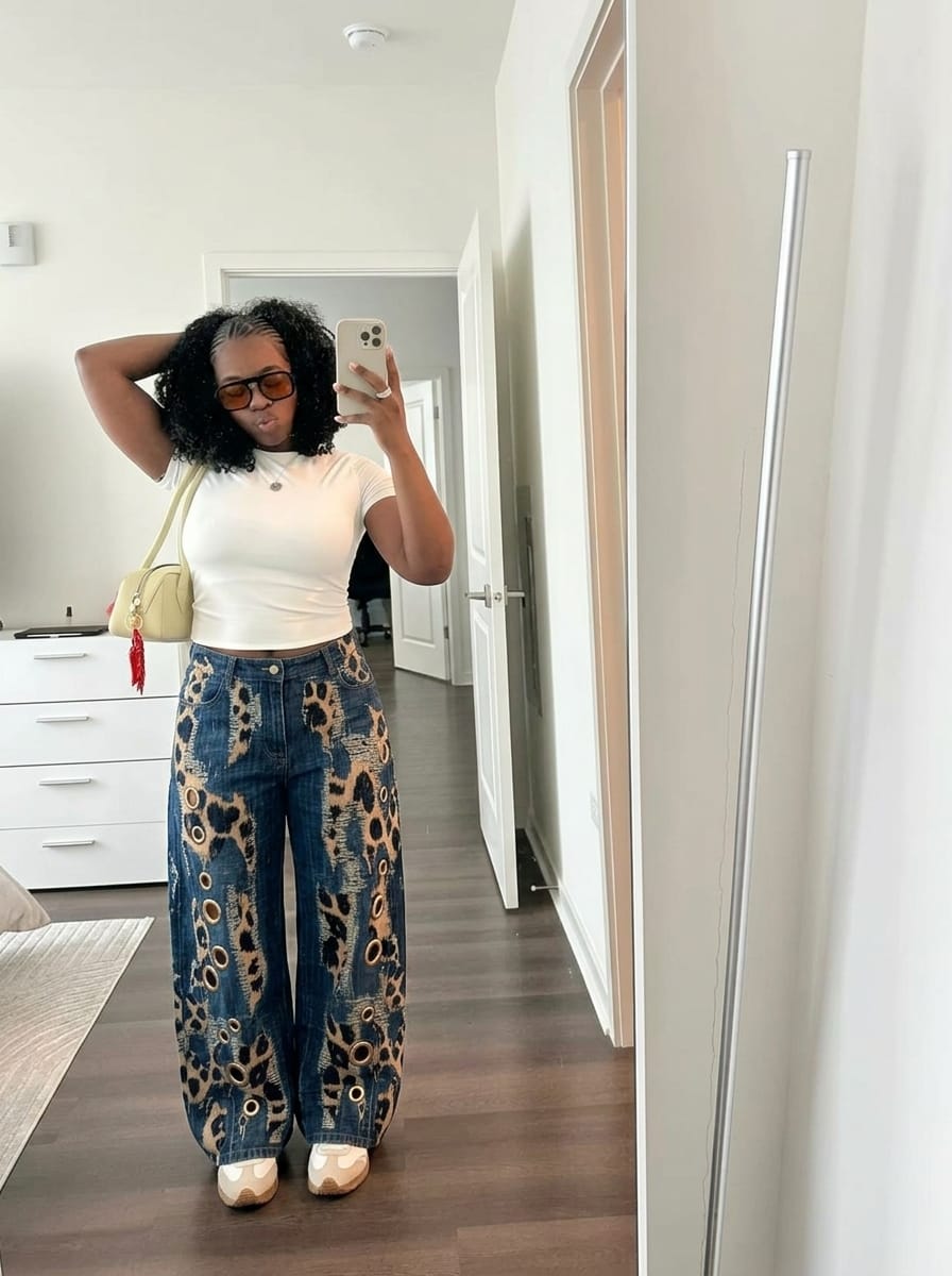 Customer photo review of High Waisted Wide Leg Buttoned Hollow Leopard Pockets Split-Joint Zipper Pants Trousers