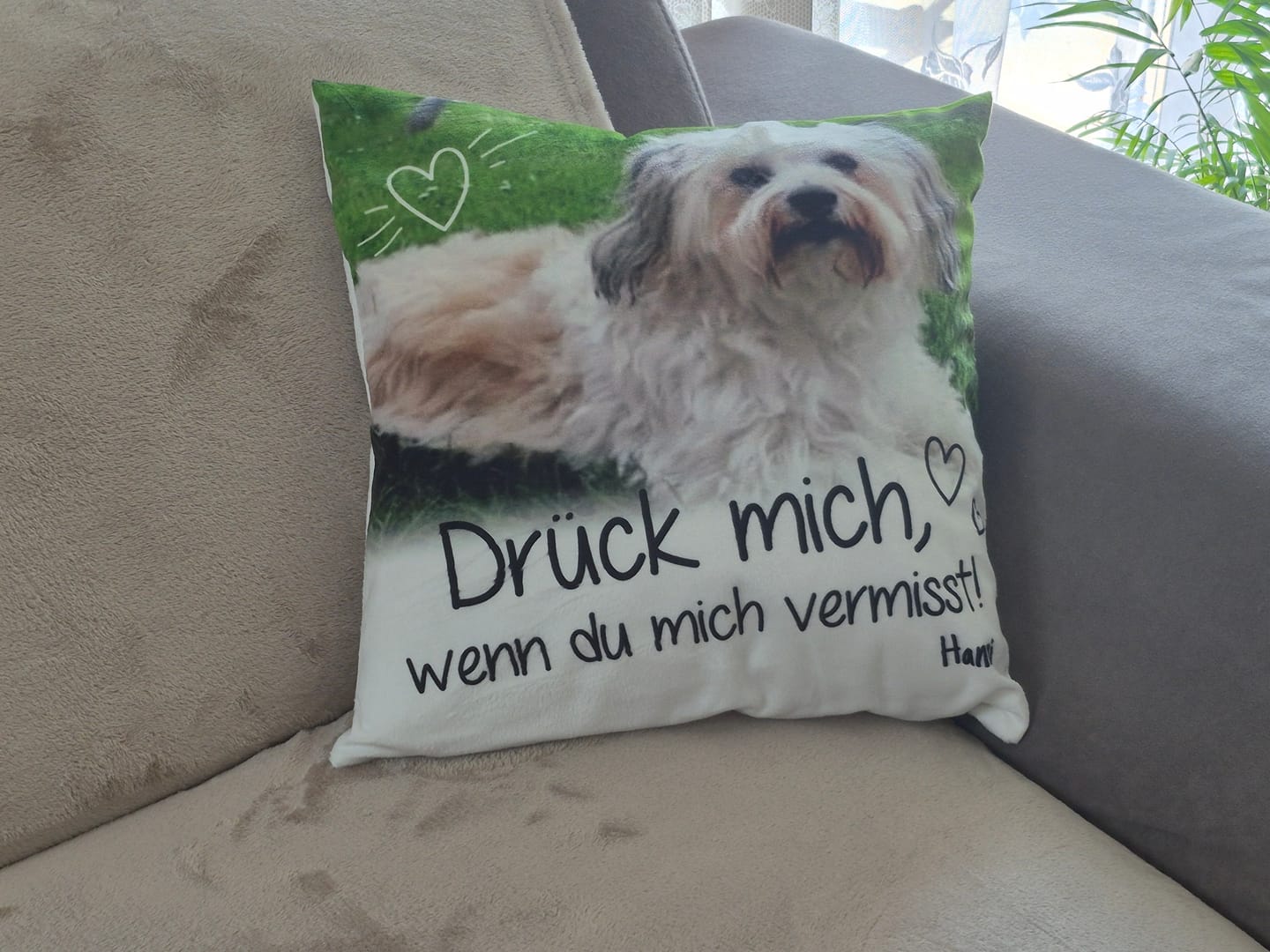 Customer photo review of Personalisiertes Kissen - Drück mich, wenn du mich vermisst