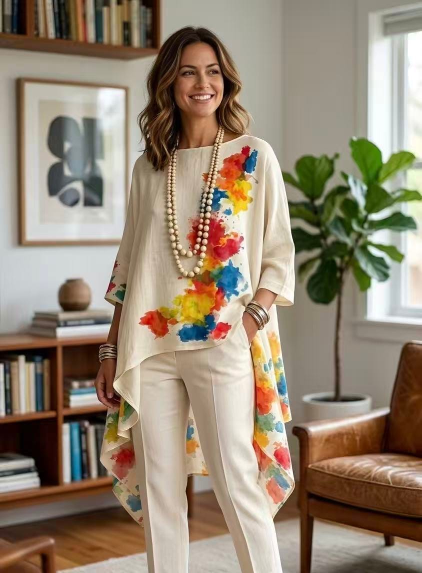 Customer photo review of High-Low Loose Asymmetric Contrast Color Printed Boat Neck Blouses&Shirts Tops