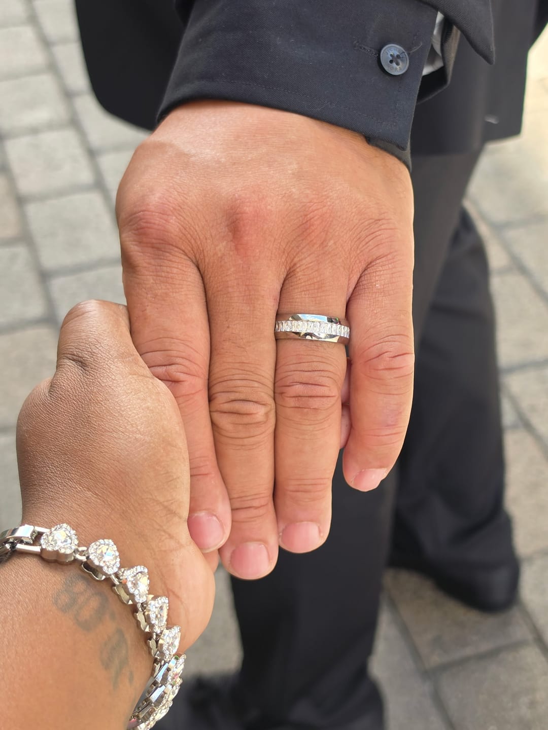Customer photo review of 8mm - Silver Titanium Wedding Band W/ 7 Ct CZs Diamond Emerald Cut Inlay