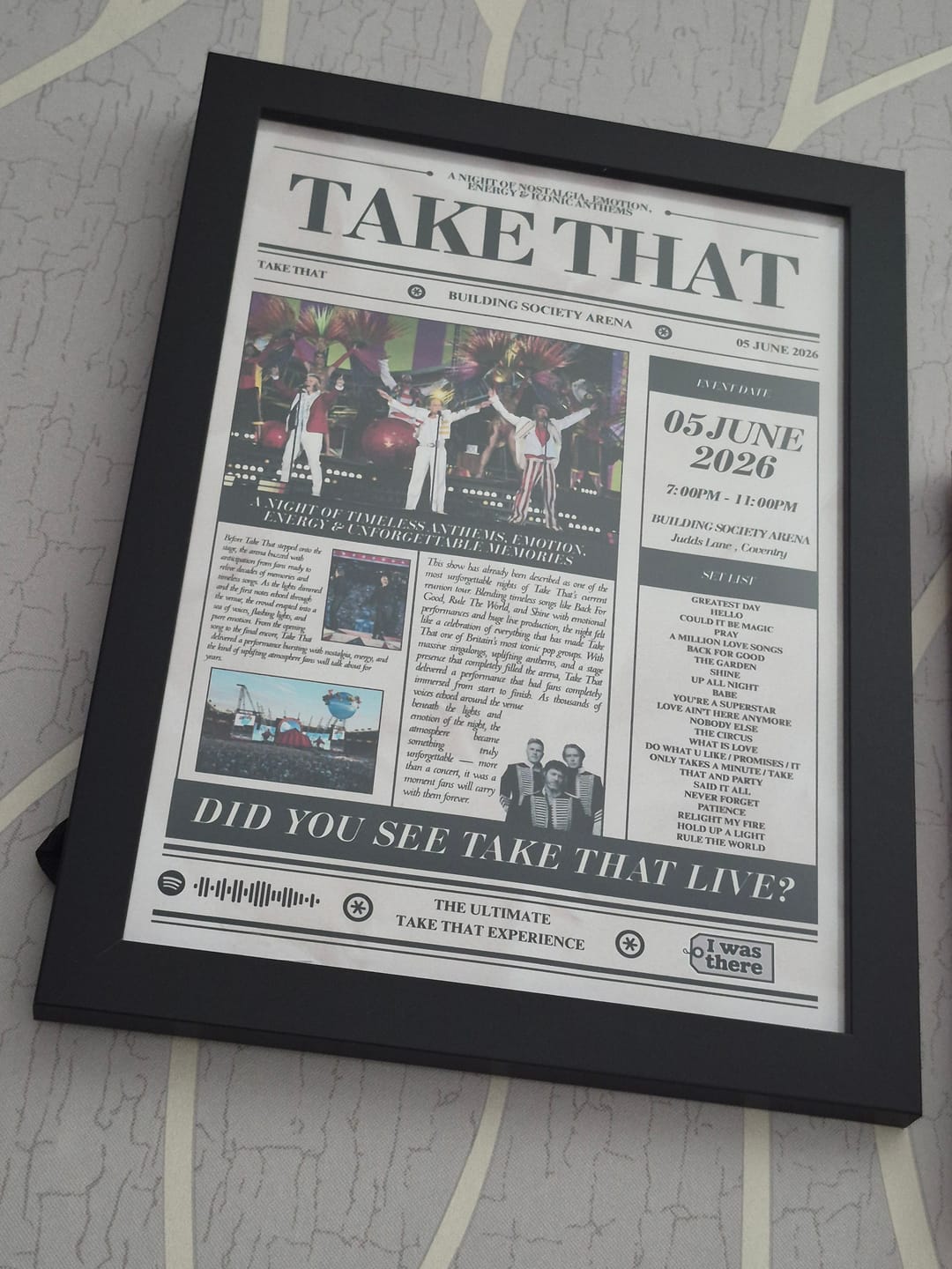 Customer photo review of Take That - Personalised Newspaper Style Concert Poster