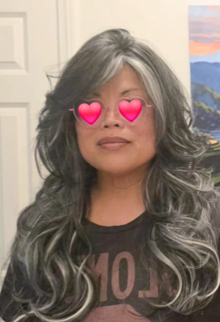 Customer photo review of Luvwin Silver Grey Salt & Pepper Wavy Wig With Signature White Front Streaks