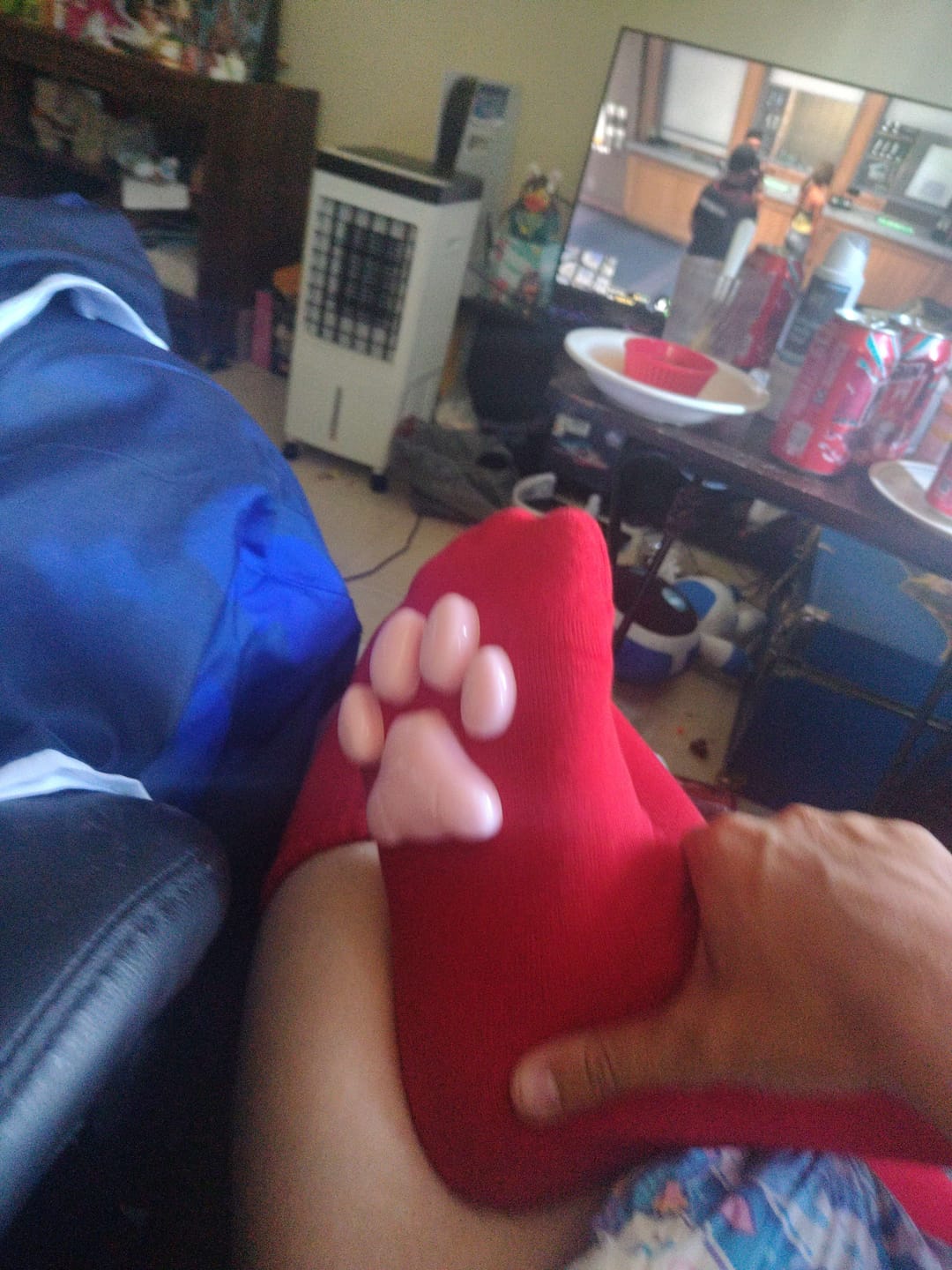 Customer photo review of ToeBeanies Red Thigh-High Socks