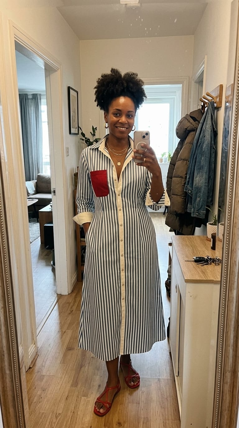 Customer photo review of High Waisted Long Sleeves Buttoned Contrast Color Pockets Split-Joint Striped Lapel Midi Dresses