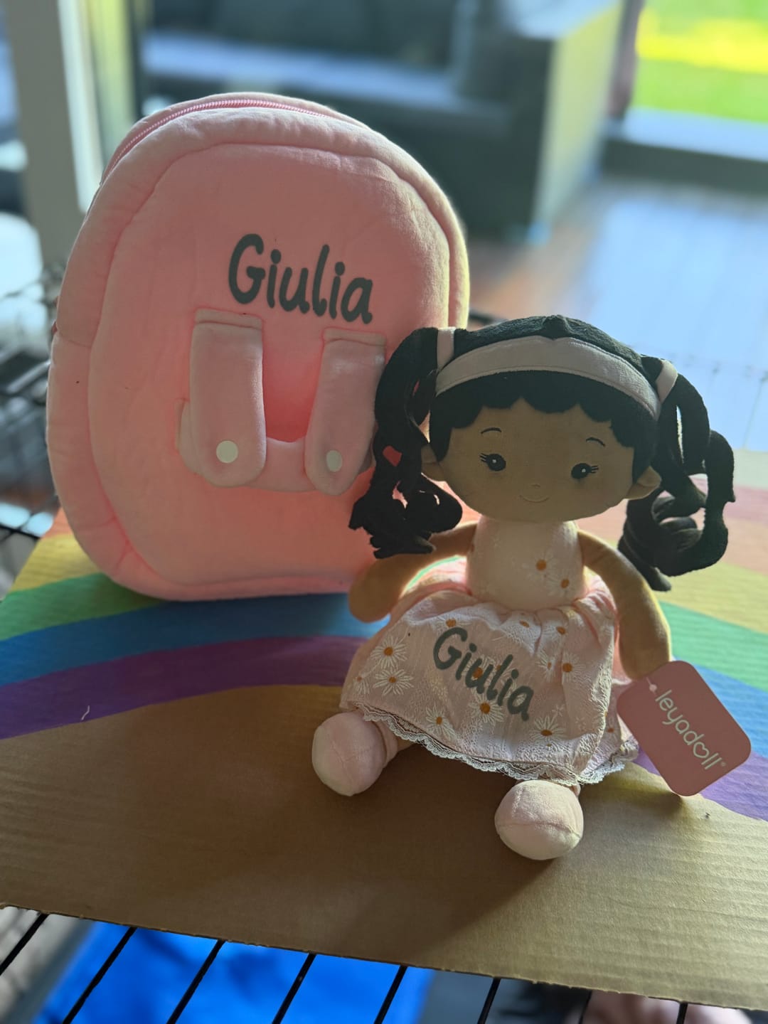 Customer photo review of Personalized Daisy Girl Doll Backpack -Pink (2 Skin Tones)