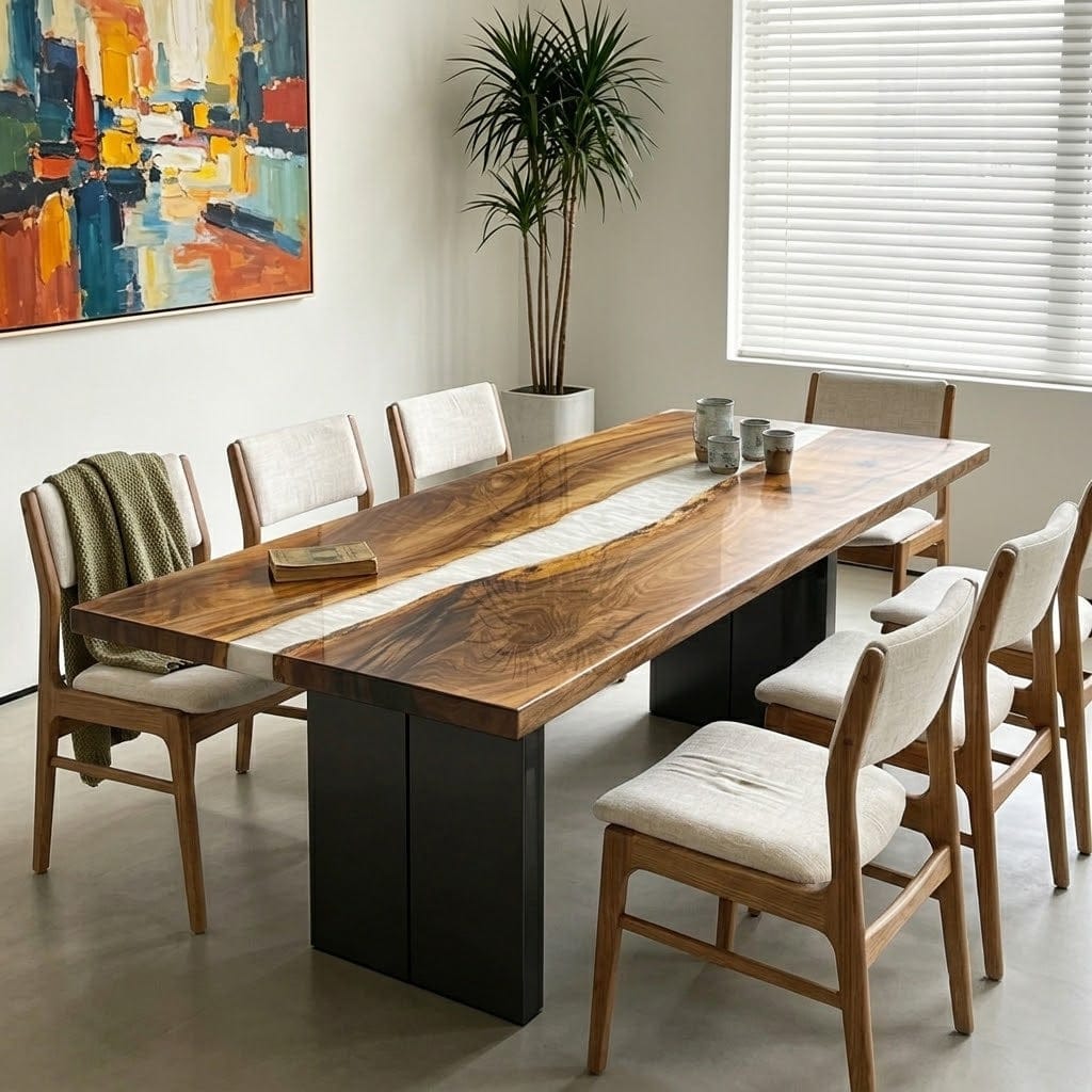 Customer photo review of Artisanal Black Walnut Wood Pearlwhite Shimmer Epoxy Table KCT62 - for Upscale Dining Rooms
