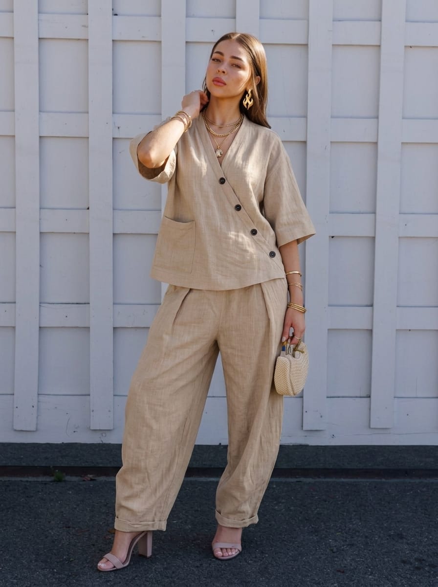 Customer photo review of Loose Solid Color V-Neck Asymmetric Buttoned Blouses&Shirts Tops + High Waisted Pockets Pants Trousers Two Pieces Set