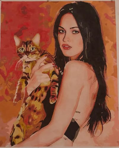 Customer's finished Custom Paint By Numbers portrait. The detailed painting shows a woman holding a spotted cat.