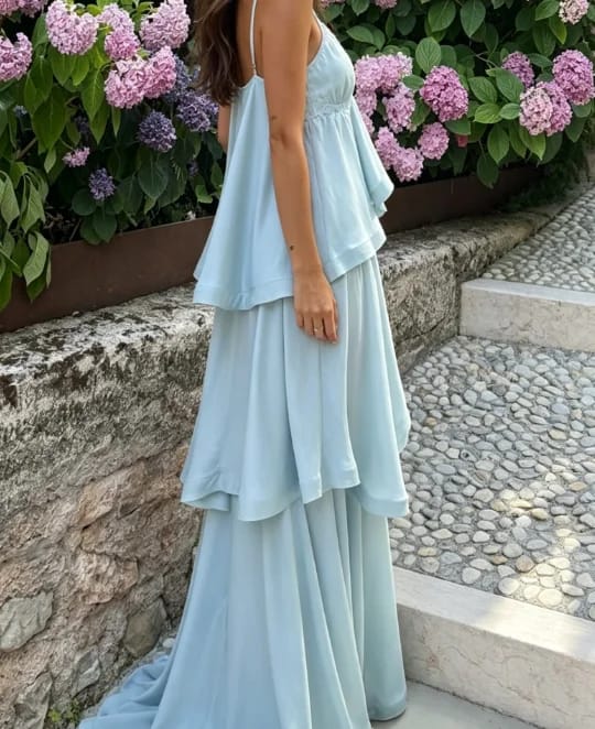 Customer photo review of Margot Tiered Ruffle Satin Maxi Dress