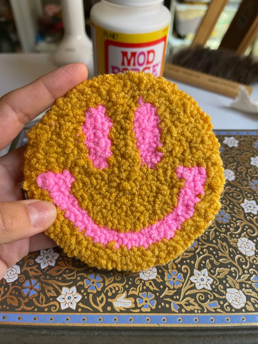 Customer photo review of Punch Needle Coasters Kits 6 Pieces - Smiley Face and Evil Eye