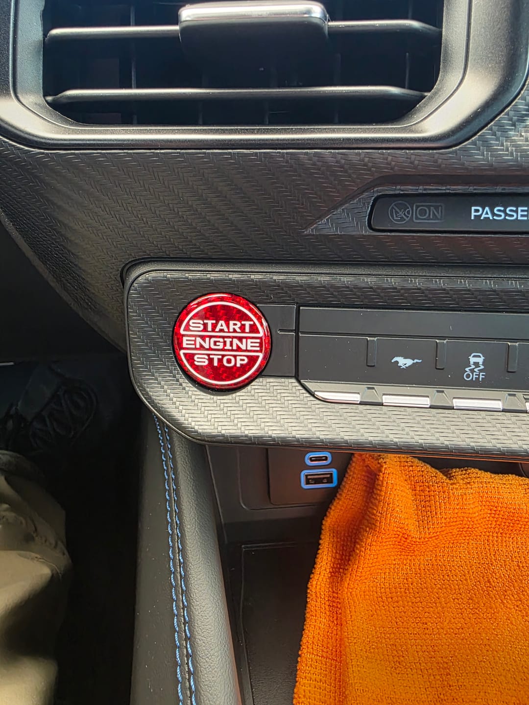Customer photo review of Real Carbon Fiber Start/Stop Button Cover for 2024+ Ford Mustang