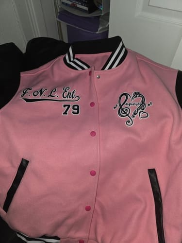 Customer photo review of Custom Light Pink Black White Letterman Jacket Raglan Sleeves Varsity Full-Snap Leather Sleeves