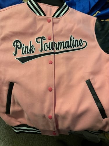 Customer photo review of Custom Light Pink Black White Letterman Jacket Raglan Sleeves Varsity Full-Snap Leather Sleeves