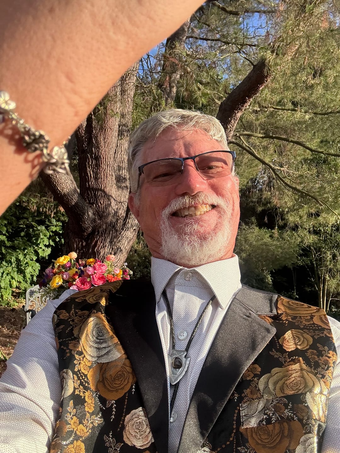 Customer photo review of Barry. Wang Beige Golden Brown Floral Suit Vest V-neck Wedding Dress Waistcoat Tie Pocket Square Set