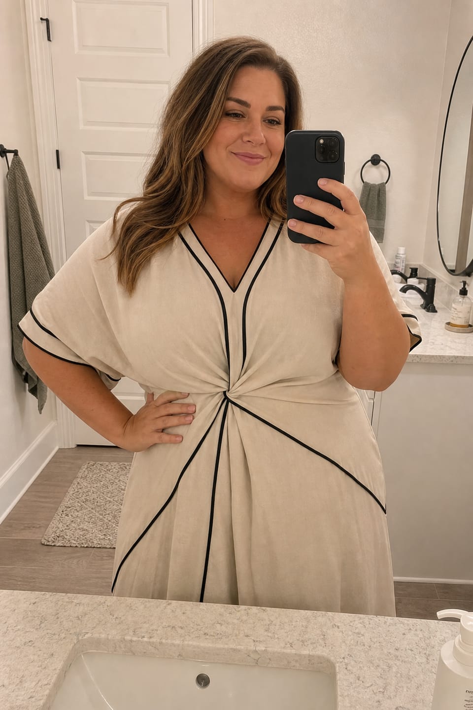 Customer photo review of A-Line High Waisted Contrast Color Knot Line Pleated Pockets V-Neck Midi Dresses