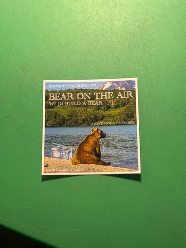 Customer's custom 3 inch vinyl sticker featuring a bear sitting by a lake on a green surface.