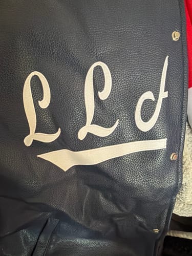 Customer photo review of Custom Black Cream Faux Leather Letterman Jacket Raglan Sleeves Full-Snap Personalized Name & Number