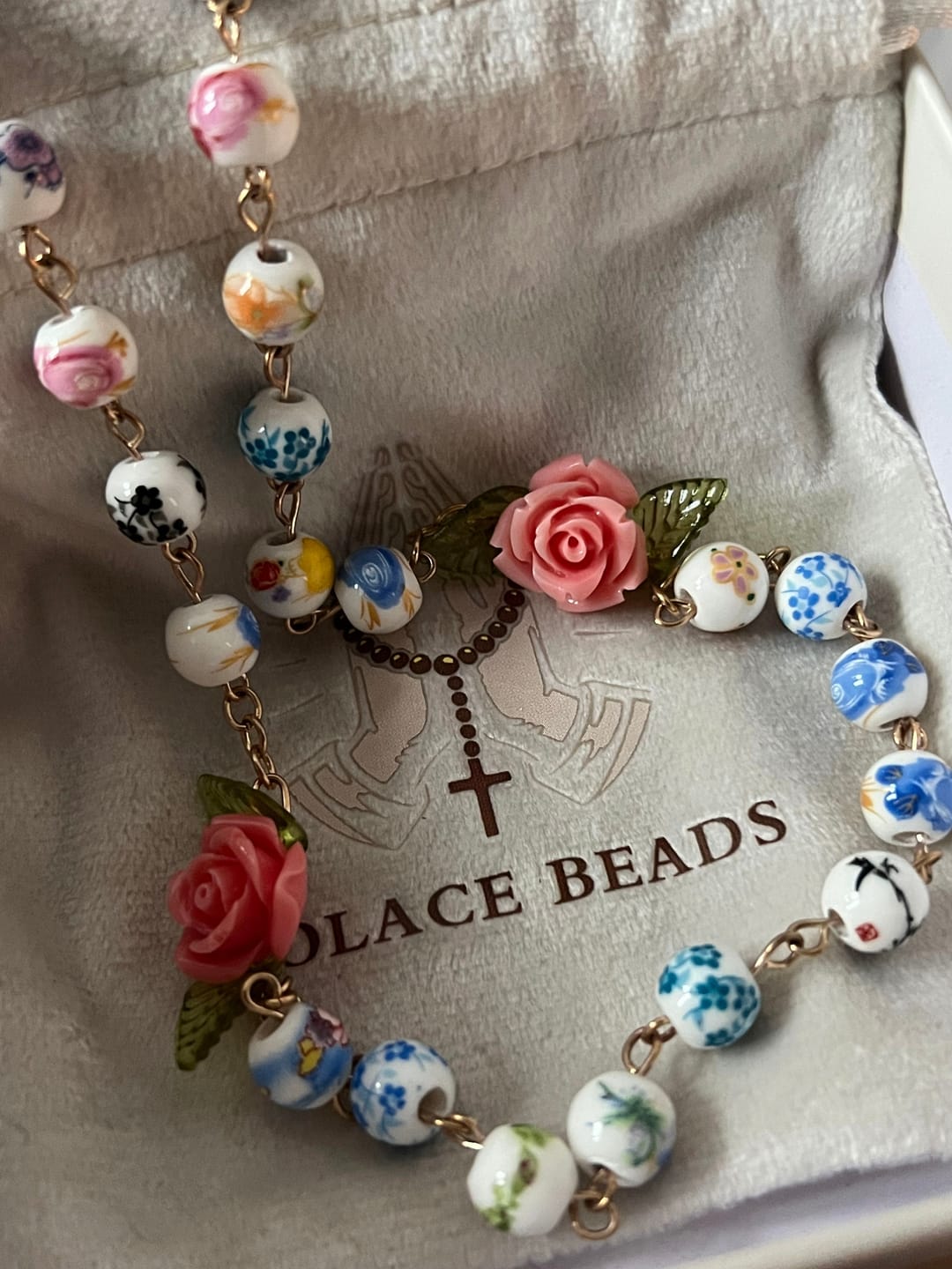 Customer photo review of SolaceBeads Vintage Mixed Floral Ceramic Rosary With Guadalupe & Crucifix: Timeless Garden
