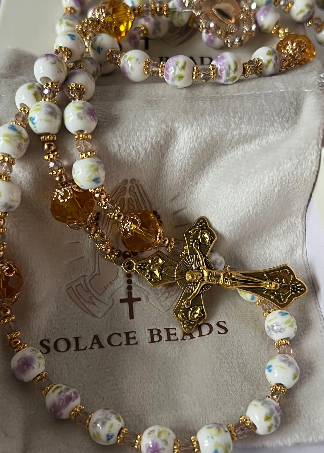 Customer photo review of SolaceBeads Lavender Floral With Golden Sacred Heart & Crucifix Rosary: Faith in Every Bead