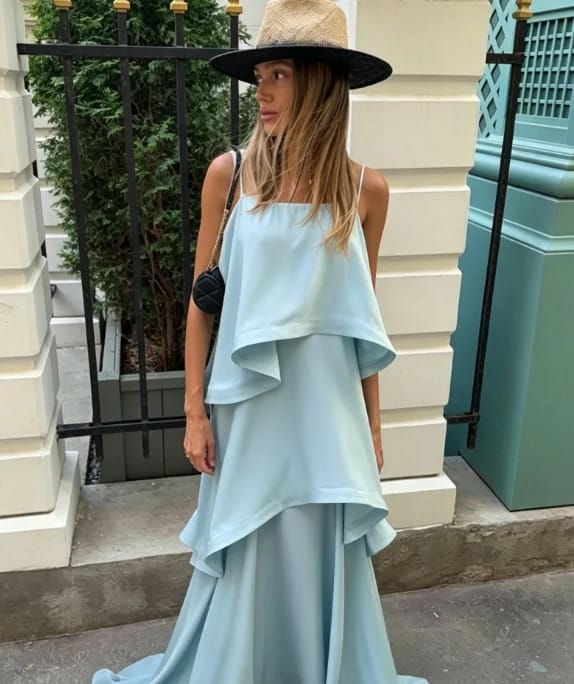 Customer photo review of Margot Tiered Ruffle Satin Maxi Dress