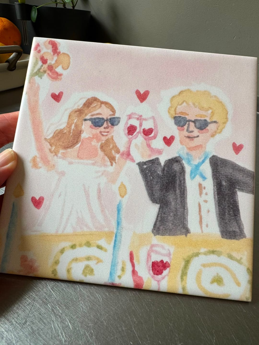 Customer photo review of Gepersonaliseerd tegeltje - Aquarel met hartjes