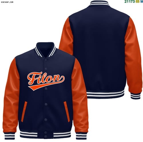 Customer photo review of Custom Navy Orange White Letterman Jacket Raglan Sleeves Varsity Full-Snap Leather Sleeves