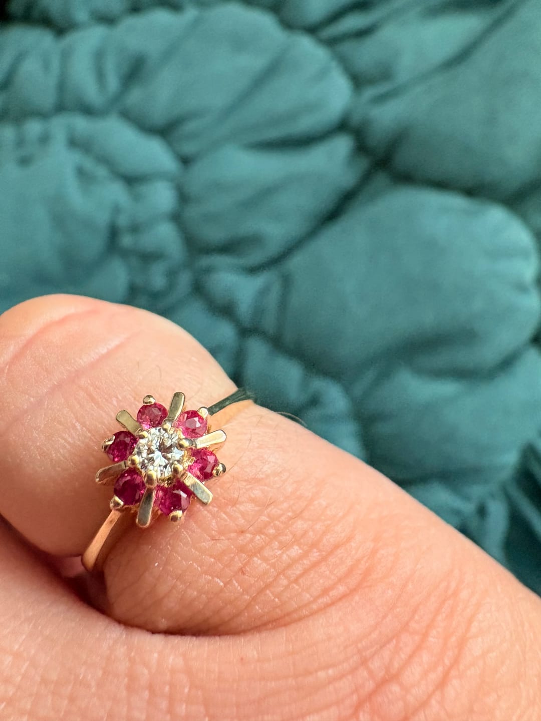 Customer photo review of Vintage 14k Yellow Gold Diamond Ruby Wonderful Burst Halo Ring 5.00