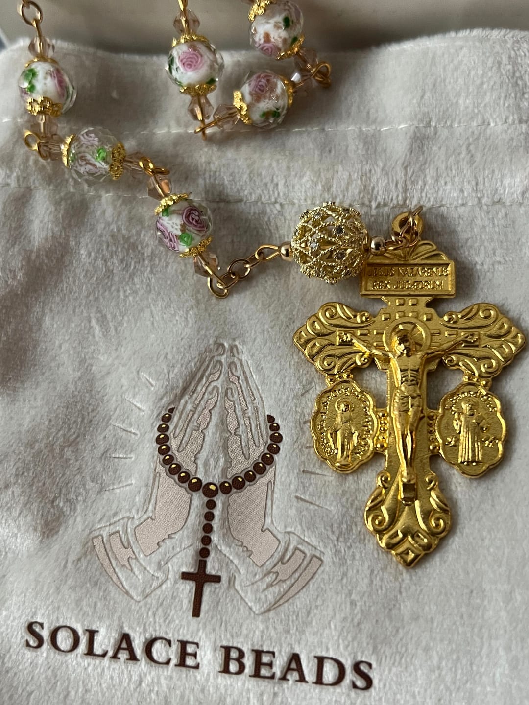 Customer photo review of SolaceBeads White Floral Lampwork Glass Rosary: Grace With Gold Filigree & Miraculous Medal
