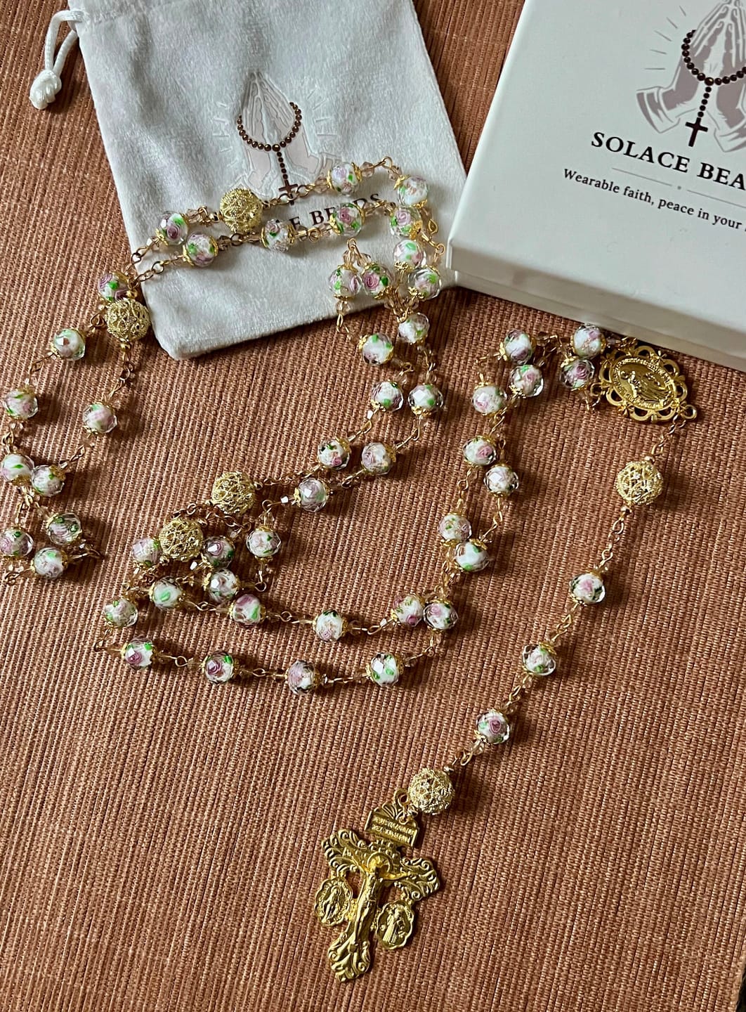 Customer photo review of SolaceBeads White Floral Lampwork Glass Rosary: Grace With Gold Filigree & Miraculous Medal