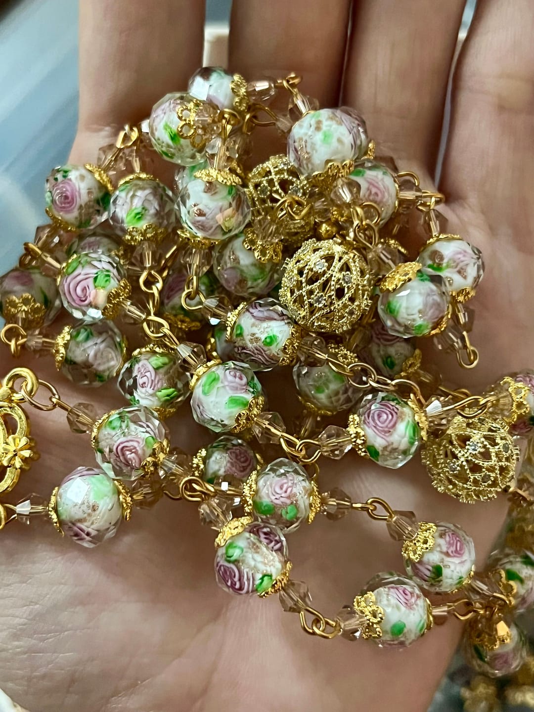 Customer photo review of SolaceBeads White Floral Lampwork Glass Rosary: Grace With Gold Filigree & Miraculous Medal